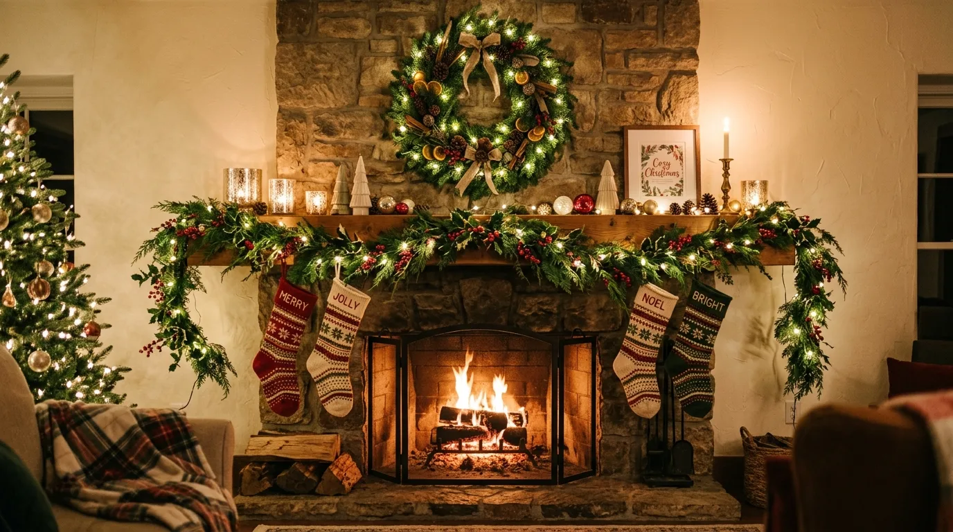 Balance symmetry and asymmetry thoughtfully inspiration for a Christmas mantel.